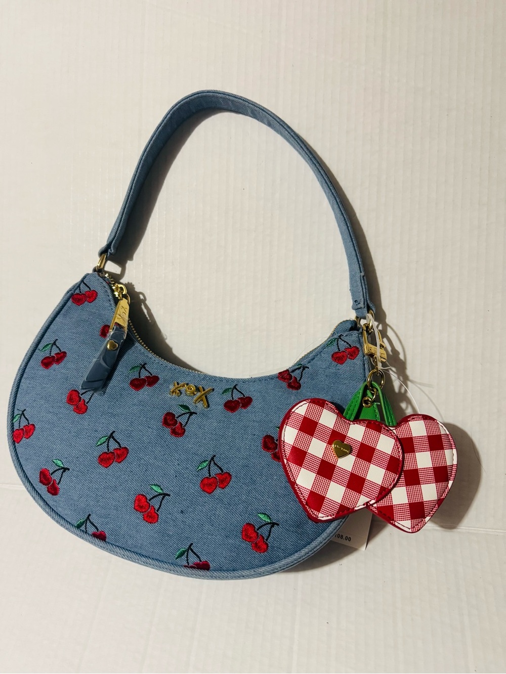 Betsey Johnson denim xonorthy Cherry Embroidered Shoulder Bag with charm  BNWT